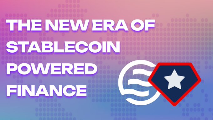 A promotional graphic with a purple and blue halftone background reading "THE NEW ERA OF STABLECOIN POWERED FINANCE" alongside logos for Ethena (ENA) and a star emblem.