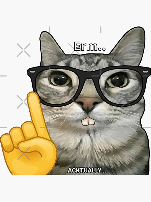 A cartoon gray cat wearing black glasses holds up a yellow-gloved finger, with "Erm.." above its head and "ACKTUALLY..." below, depicting the stereotypical "well, actually" meme used to deliver a pedantic correction.

The image humorously illustrates the post's attempt to rain on someone's good news about being up $2M in 24 hours, with the cat figuratively raising a finger to interrupt and point out the downsides—liquidity limitations and impending taxes—that might diminish the actual take-home gains.