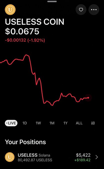 A mobile trading screen displays the price chart of USELESS coin on Solana, currently valued at $0.0675 after a 1.92% decline. The user's positions section shows they hold 80,492.87 USELESS tokens with a position value of $5,422 and a profit of $189.42.