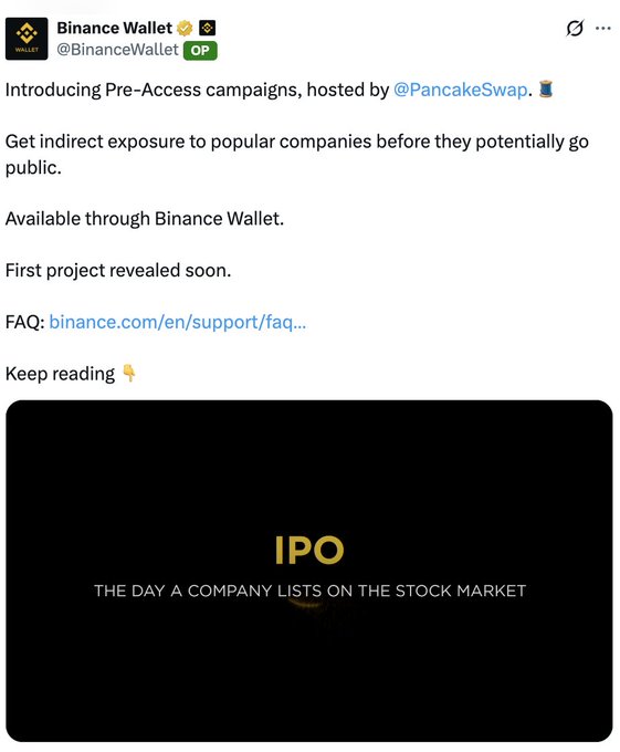 Ảnh chụp tweet của Binance Wallet (@BinanceWallet) giới thiệu “Pre-Access campaigns” do PancakeSwap tổ chức, cho phép người dùng qua Binance Wallet tiếp cận gián tiếp các công ty trước khi IPO. Hình minh họa nổi bật chữ “IPO — THE