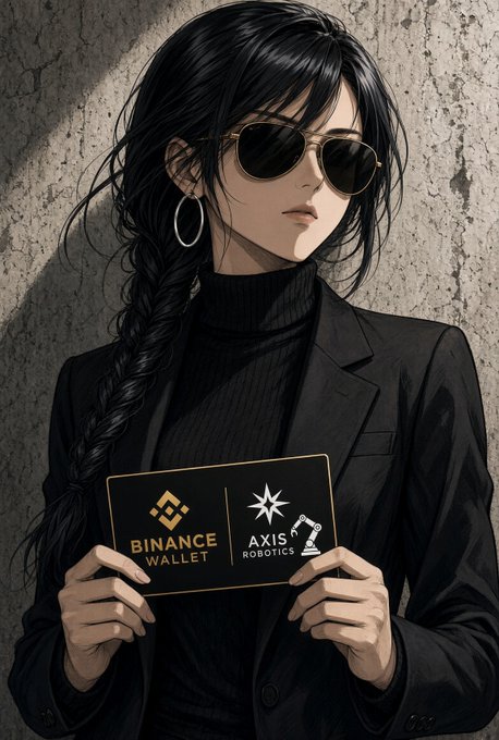 An anime-style illustration shows a woman with long black braided hair in sunglasses holding a sign displaying the Binance Wallet logo alongside 'AXIS ROBOTICS' branding.