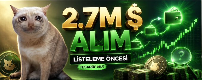 A thumbnail featuring an orange tabby cat alongside "$2.7M$ ALIM" (Turkish for "purchase") and "LİSTELEME ÖNCESİ" (pre-listing) text, illustrating a $2.7M pre-Robinhood listing purchase of the $CASHCAT memecoin, with green upward charts and wallet icons symbolizing the coordinated whale accumulation shown in the accompanying Bubblemaps data.