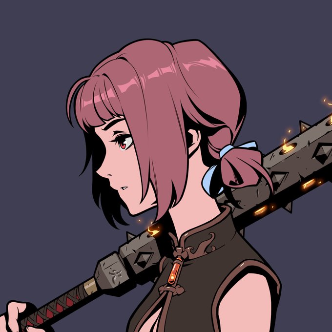 An anime-style illustration of a girl with pinkish-red hair in a side ponytail, holding a spiked club over her shoulder, with glowing embers and a purple background.