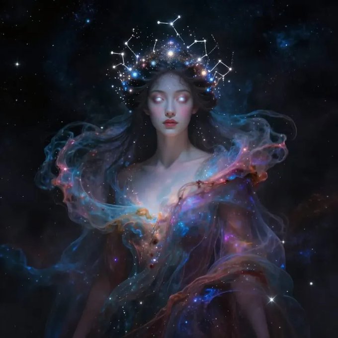 A fantasy artwork of a pale woman with glowing white eyes, wearing a cosmic constellation crown and a flowing nebula-like dress against a starry space background.