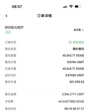 Mobile phone screenshot of a Binance order details page showing a completed buy transaction of 45,543.71 DOGE for 45.543.71 USDT (¥1,593.53).
