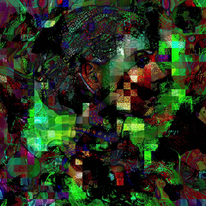 An abstract, psychedelic digital artwork filled with chaotic glitch effects, pixelated patterns, and vibrant green, red, and blue colors.