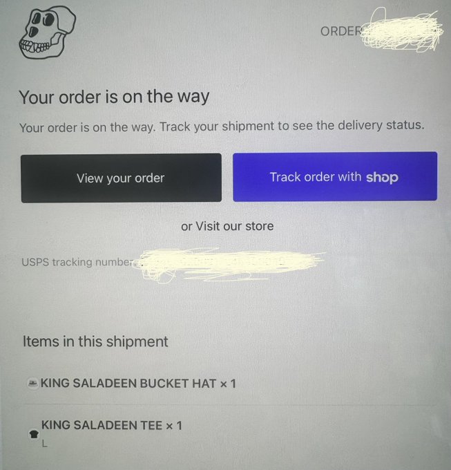 Order confirmation screen with a skull logo reading 'Your order is on the way,' showing buttons to 'View your order' and 'Track order with shop,' with order details listing a 'KING SALADEEN BUCKET HAT × 1' and 'KING SALADEEN TEE × 1,' and redacted personal information.