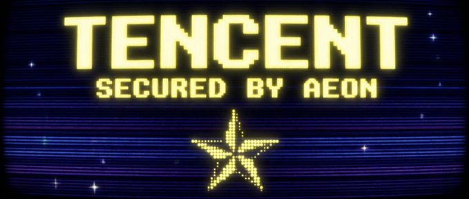 A pixelated, retro-style blue screen displaying the yellow text 'TENCENT SECURED BY AEON' with a glowing star graphic below.