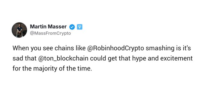 A tweet from Martin Masser (@MassFromCrypto) expressing disappointment that @ton_blockchain doesn't receive the same consistent hype and excitement as chains like @RobinhoodCrypto. The post's tone of "Hmm, makes you wonder why…" aligns with the tweet's sentiment of questioning why TON doesn't sustain the same level of attention.