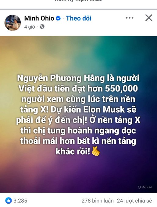 This is a comment in Vietnamese talking about Elon Musk and his new venture "X." The graph displays the number of likes the caption has received in addition to likes and comments. The comment is in all caps, written in white over a geometric background that combines many colors.