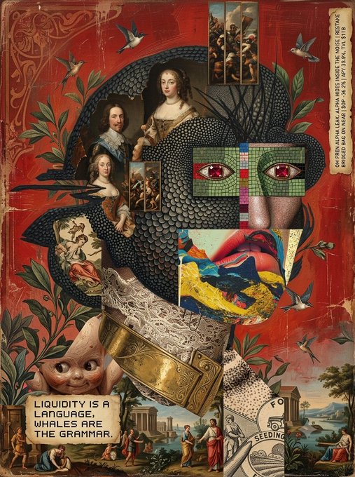 A surreal collage artwork featuring a large dark bird-like creature overlaid on a red classical painting, with classical portraits, bird imagery, a face with red eyes, and the text 'LIQUIDITY IS A LANGUAGE, WHALES ARE THE GRAMMAR.'