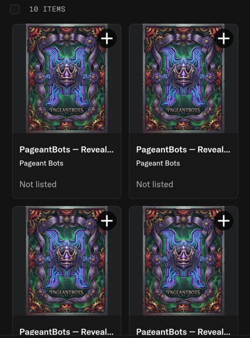 A mobile app screenshot showing a grid of NFT cards labeled 'PageantBots – Reveal...' with ornate purple and green designs, all marked as 'Not listed.'