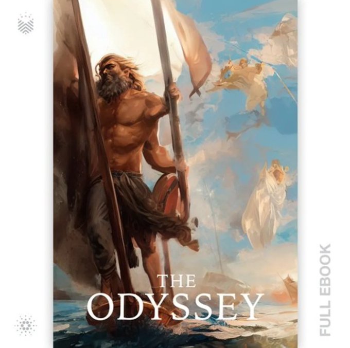 The image is the cover of "The Odyssey" eBook, featuring a muscular, bearded man holding a spear and shield on a rocky shore, with ethereal figures visible in the clouds above. It serves as promotional artwork for an ODYC SPO giveaway offering 1 Odyssey Book NFT, requiring participants to repost, follow @OdyC_DAO, and tag two friends for a chance to win.