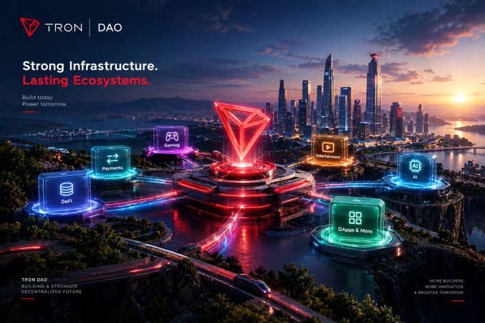 A promotional banner for TRON DAO featuring a futuristic cityscape with holographic icons for Gaming, Entertainment, AI, DApps, Payments, and DeFi orbiting a central red TRON logo.