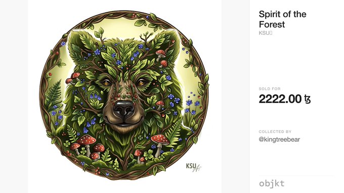 An NFT listing on objkt titled 'Spirit of the Forest' by @kingtreebear, featuring a circular illustration of a bear's face made of leaves, mushrooms, and berries, sold for 22222.00 ꜩ.