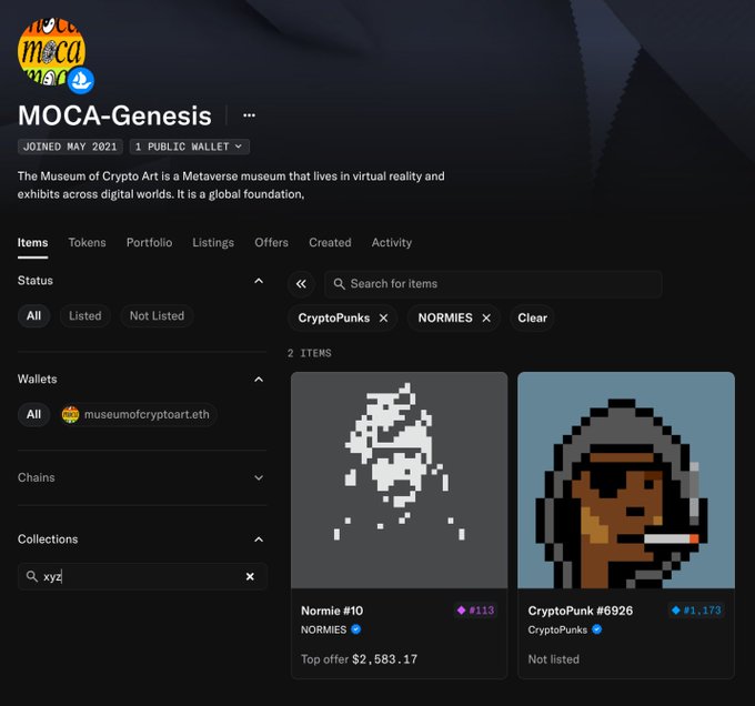 A screenshot of the MOCA-Genesis OpenSea profile page showing a collection that includes "Normie #10" (top offer $2,583.17) and "CryptoPunk #6926" (not listed).