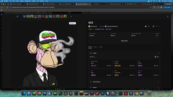 A Mac desktop screenshot showing an OpenSea NFT listing for "902" by App Head, featuring a cartoon monkey wearing a cap and sunglasses, with bid amounts and trail information visible.