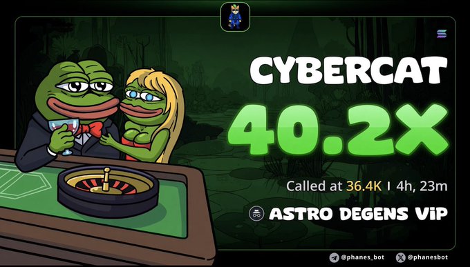 The image is a promotional graphic from Astro Degens VIP highlighting a 40.2x gain on the meme coin CYBERCAT, which was called at a $36.4K market cap 4 hours and 23 minutes before reaching $1.45M. It features cartoon Pepe-style frogs in a casino setting with a roulette wheel, visually reinforcing the "gambling on memecoins" theme.