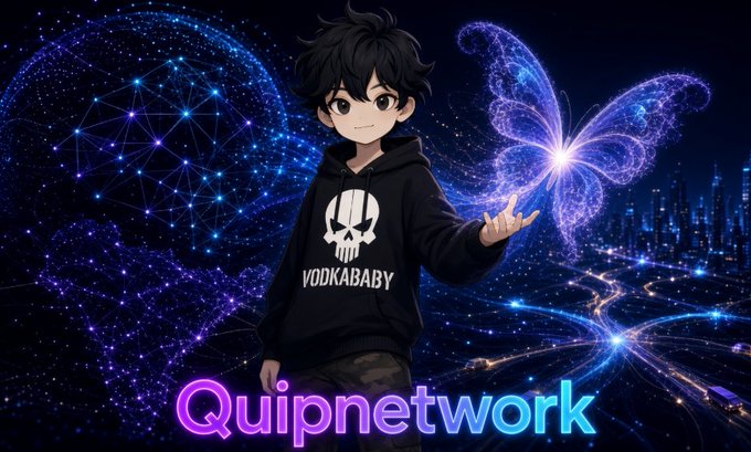 An anime-style illustration of a character wearing a 'VODKABABY' hoodie and a Punisher-style skull logo, holding out a glowing purple butterfly with the text 'Quipnetwork' at the bottom.