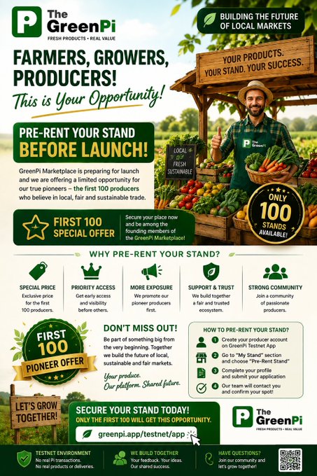 A promotional flyer for "The Green Pi Marketplace" invites farmers, growers, and producers to pre-rent a stand before launch, offering a "First 100 Pioneer Offer" special price exclusively for the first 100 pioneers. The green-themed infographic, featuring a farmer holding fresh produce at a wooden market stand, outlines steps to pre-rent via greenpi.app/testnet/app and includes hashtags like #GreenPi, #PiNetwork, and #Pioneers, directly mirroring the post's call for pioneers to build local, fair markets.