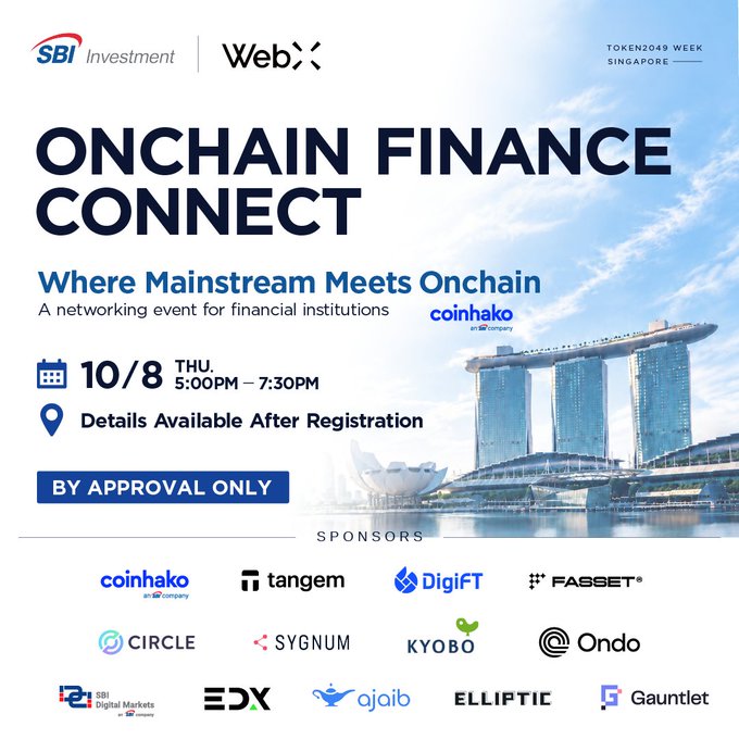 Event flyer for "Onchain Finance Connect" hosted by SBI Investment and WebX on Thursday, October 8th from 5:00–7:30 PM during TOKEN2049 week in Singapore, featuring a lineup of sponsors including Coinhako, Tangem, DigiFT, Fasset, Circle, Sygnum, Kyobo, Ondo, SBI Digital Markets, EDX, Ajaib, Elliptic, and Gauntlet, with access granted by approval only.