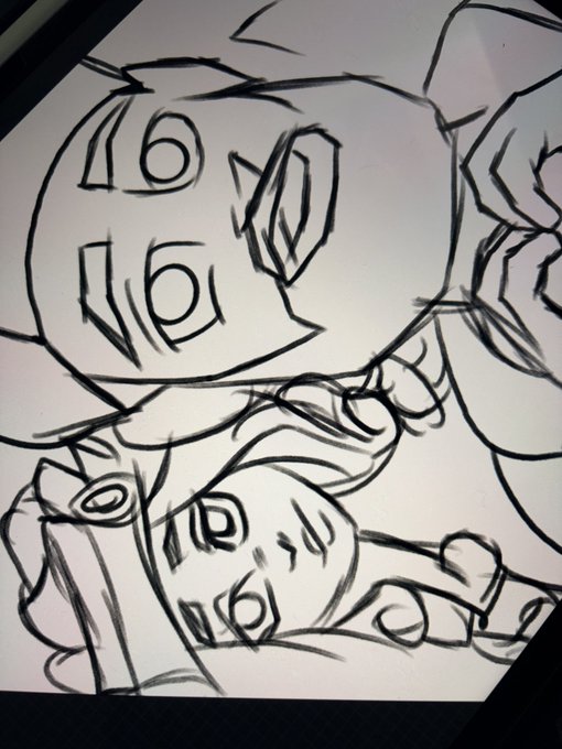 A rough black-and-white sketch of an anime-style character with large expressive eyes, appearing to be on a tablet screen.