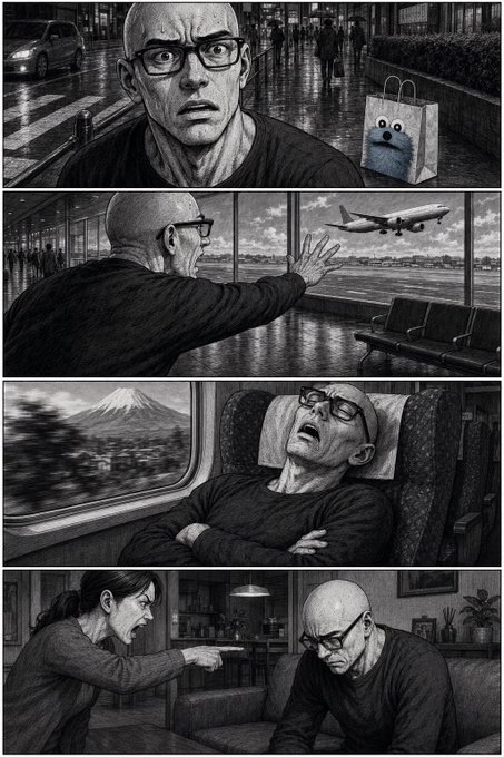 A four-panel black-and-white manga-style comic featuring a bald man with glasses looking at a small creature in a bag, waving at a plane, sleeping on a train with Mt. Fuji outside, and being yelled at by a woman.