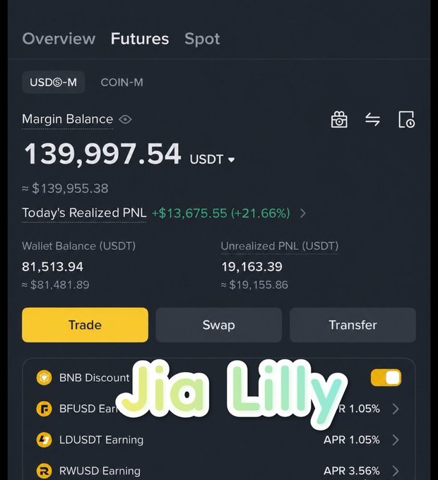 The image features a screen shot of someone's phone displaying information about a cryptocurrency exchange called Binance Coin. The main focus is on the trading account, which is named "Jia Lilly" and has experienced a substantial increase in followers over the past month, totaling 30k followers compared to just 29k followers before. Additionally, there are several other trading posts that users have left for Jia Lilly during this period, indicating a strong interest and engagement with her content related to cryptocurrency trading and futures.