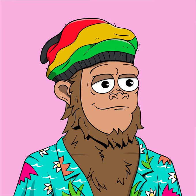 A cartoon illustration of a furry creature wearing a red, yellow, and green beanie and a tropical floral shirt on a pink background.