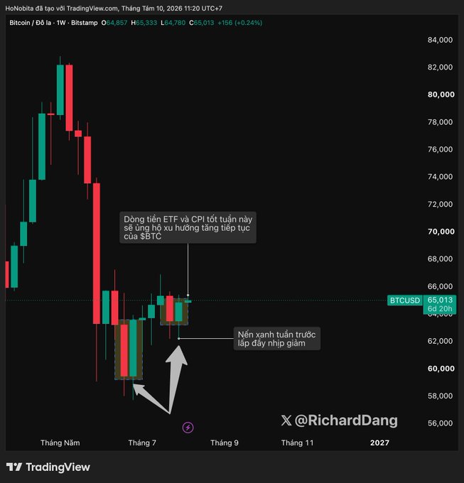 A TradingView weekly BTC/USD chart from Richard Dang showing Bitcoin at $65,013 (+0.24%) as of August 10, 2026, with annotations highlighting that last week's candle "filled the previous down move" (Nến xanh tuần trước lấp đầy nhịp giảm) and warning that upcoming ETF flows and CPI data will likely continue BTC's upward trend—aligning with the post's thesis that this textbook setup signals another bullish week for $BTC.
