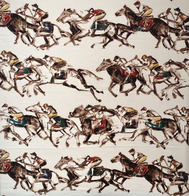 A repeating pattern illustration of jockeys racing horses in a loose, sketchy watercolor style with colorful saddle accents.