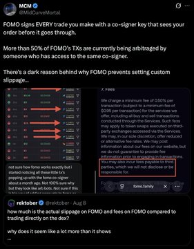 The image is a tweet from @MidCurveMortal (@MCM) highlighting issues with the FOMO exchange, showing statistics about over 50% of trades being arbitraged, along with screenshots detailing claims of dark pool activity, hidden order types, and an inability to set custom slippage on FOMO transactions. The accompanying post references the slippage issue shown in the image, with a user reporting a $85 trade dropping to a $71.89 position—a nearly 10% instant loss that the FOMO fee structure cannot account for, attributed to the inability to set custom slippage as visually emphasized in the tweet.