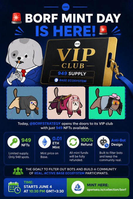 𝐁𝐨𝐫𝐟'𝐬 𝐌𝐢𝐧𝐭 𝐃𝐚𝐲 𝐢𝐬 𝐡𝐞𝐫𝐞! Today, @BORFSTRATEGY opens the doors to its VIP club with just 949 NFTs available. To secure your spot, you'll mint for 0.01 ETH on Base, but here' s the twist: The mint is effectively FREE, as all mint funds will be fully".
