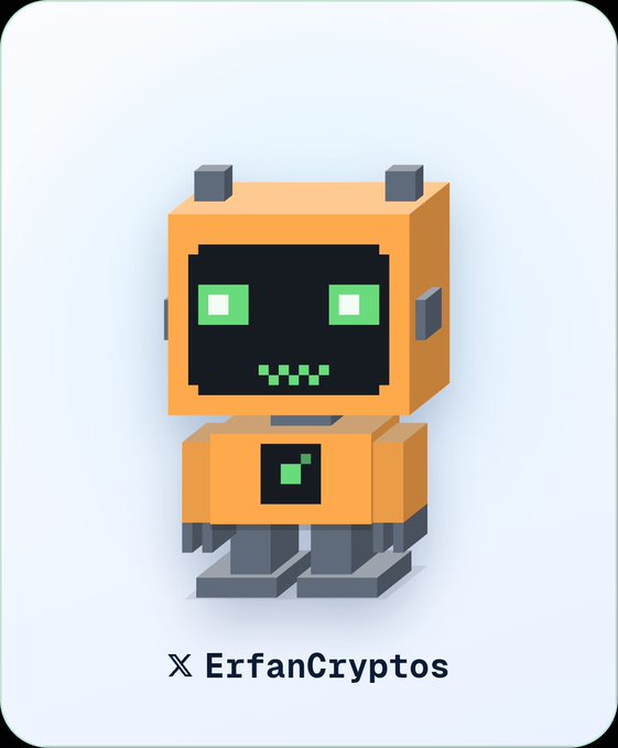 A stylized orange robot with a black face screen, green square eyes, and a pixel smile stands above the text “X ErfanCryptos.”