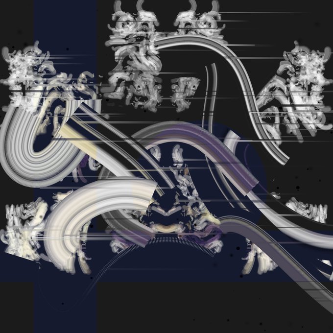 A digital abstract composition featuring fragmented, classical-style architectural elements and curved tubes against a dark blue background.