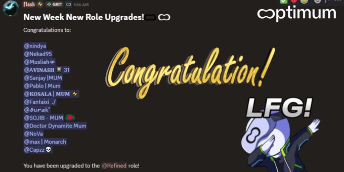 A Discord announcement titled 'New Week New Role Upgrades!' listing congratulated users who have been upgraded to the '@Refined' role, featuring a 'Congratulation!' graphic and an 'LFG!' Optimus character illustration.