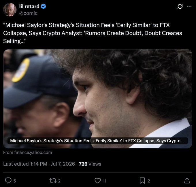 Tweet from user 'lil retard' (@comic) sharing a Yahoo Finance article headlined 'Michael Saylor's Strategy's Situation Feels 'Eerily Similar' to FTX Collapse, Says Crypto Analyst,' accompanied by a photo of Sam Bankman-Fried surrounded by law enforcement.