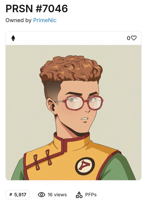 An NFT profile picture labeled 'PRSN #7046' owned by PrimeNic, showing a cartoon character with curly brown hair and red glasses.