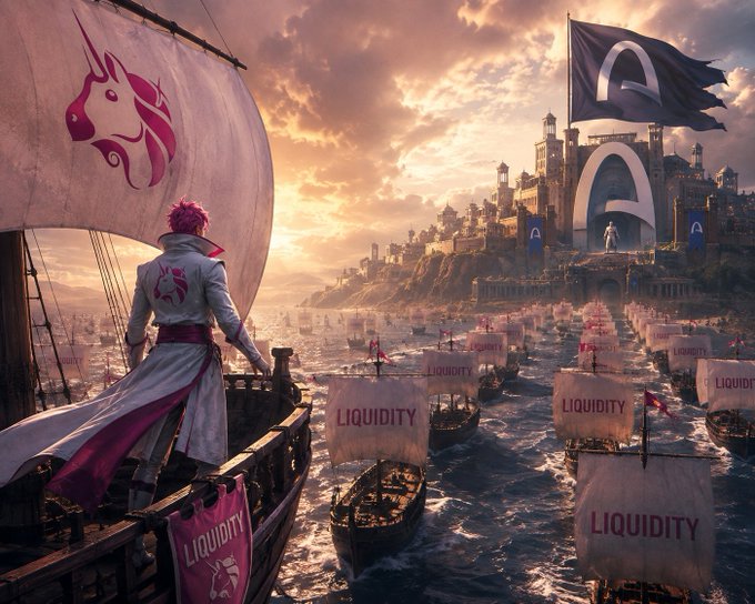 A fantasy illustration showing a pink-haired figure on a boat looking toward a castle, with numerous ships sailing on the water featuring sails that read 'LIQUIDITY'.