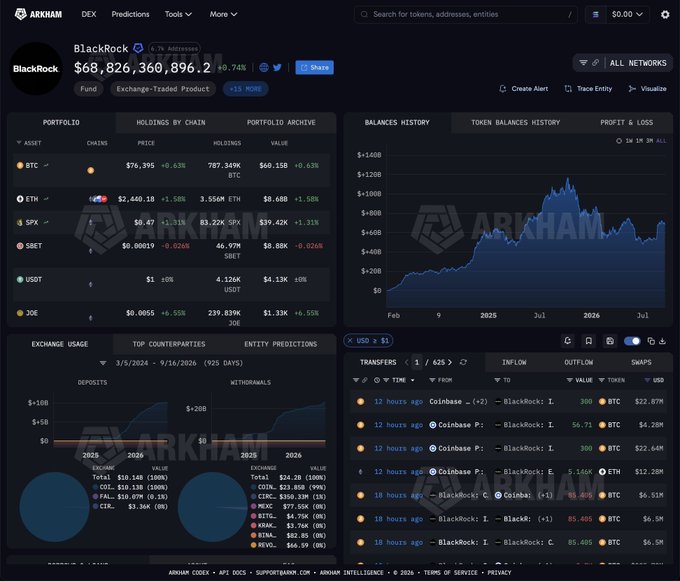 An ARKHAM DEX dashboard showing BlackRock token data with a value of $68,826,360,896.20, including portfolio holdings, balance history chart, and transaction flow information.