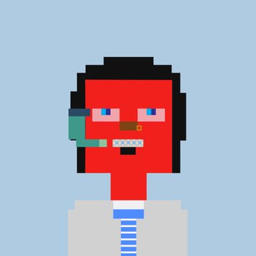 Pixel art avatar of a red-faced character with an eyepiece, dark hair, and a white collared shirt with a blue-striped tie, against a light blue background.