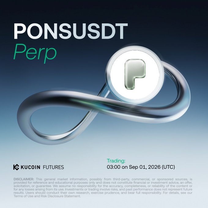KuCoin Futures announces the listing of the **PONSUSDT perpetual contract**, with trading scheduled to begin at **03:00 UTC on September 1, 2026**. The promotional graphic features an infinity-shaped metallic emblem around a central coin, set against a blue gradient background, highlighting PONS's debut as a non-custodial token launchpad token on the platform.