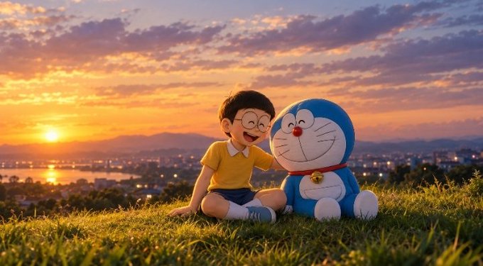 An animated scene depicts the character Nobita sitting next to Doraemon on a grassy hill at sunset, overlooking a city landscape.