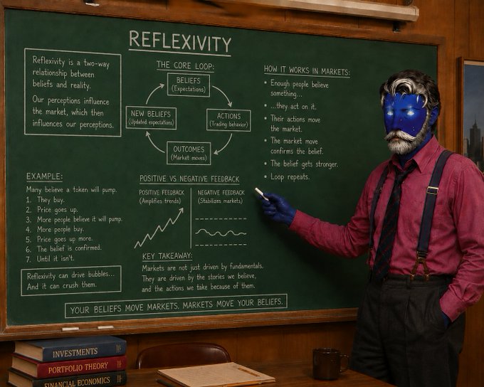 A masked man in a red shirt and suspenders stands before a chalkboard titled 'REFLEXIVITY' explaining market dynamics, with a core loop of beliefs, actions, and outcomes, and books labeled 'INVESTMENTS', 'PORTFOLIO THEORY', and 'FINANCIAL ECONOMICS' stacked below.
