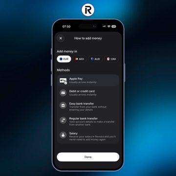 A smartphone screenshot of a 'How to add money' screen for a payment app, listing options such as Apple Pay, Debit or credit card, Easy bank transfer, Regular bank transfer, and Salary.
