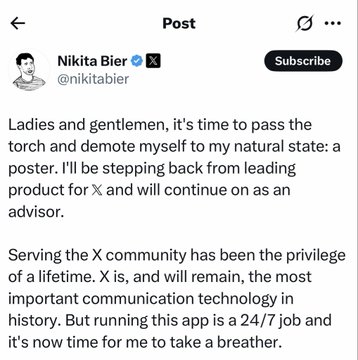 A screenshot of a post from Nikita Bier (@nikitabier) announcing he is stepping back from leading Product for X to return to his "natural state: a poster" while remaining as an advisor. The image aligns with the accompanying "good riddance" sentiment by showing a figure being relieved of leadership duties at X.