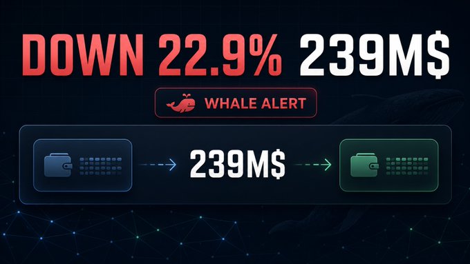 A 'Whale Alert' graphic showing a cryptocurrency transaction of 239M$ down 22.9%, with icons depicting a wallet transfer.