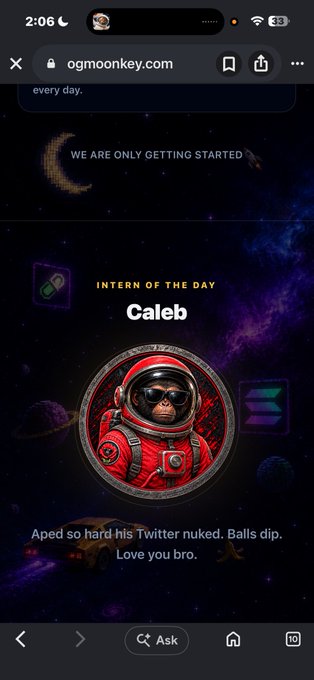 A mobile webpage from ogmoonkey.com features “INTERN OF THE DAY Caleb,” an astronaut illustration, and the text: “Aped so hard his Twitter nuked. Balls dip. Love you bro.”