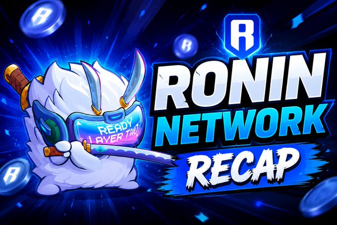 A promotional graphic for 'Ronin Network Recap' featuring a cartoon ninja character wearing a VR headset that says 'READY PLAYER TWO', with the Ronin 'R' logo.