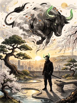 A samurai warrior with a horned helmet stands in a cherry blossom garden with "SOLANGELES" written across the skyline, as a massive black bull charges through swirling clouds above Los Angeles, embodying the "SOLANGELES x $ANSEM" art series' first installment that fuses Japanese aesthetic with bullish symbolism for the 30-day collection.
